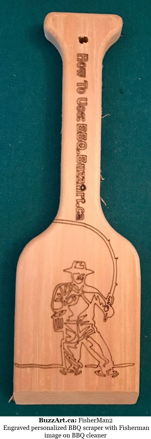 Engraved personalized BBQ scraper with Fisherman image on BBQ cleaner
